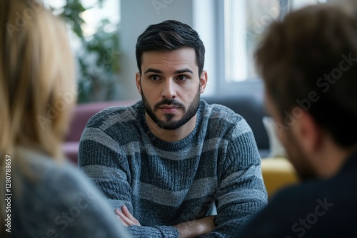 Young Man Engaged in Intervention Therapy Meeting with Family and Psychologist Focusing on Addiction Recovery