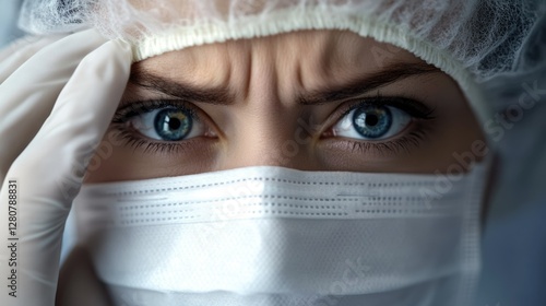 Emotional Eye Care Specialist in Protective Gear, Expressing Concern Amidst Pandemic Challenges photo