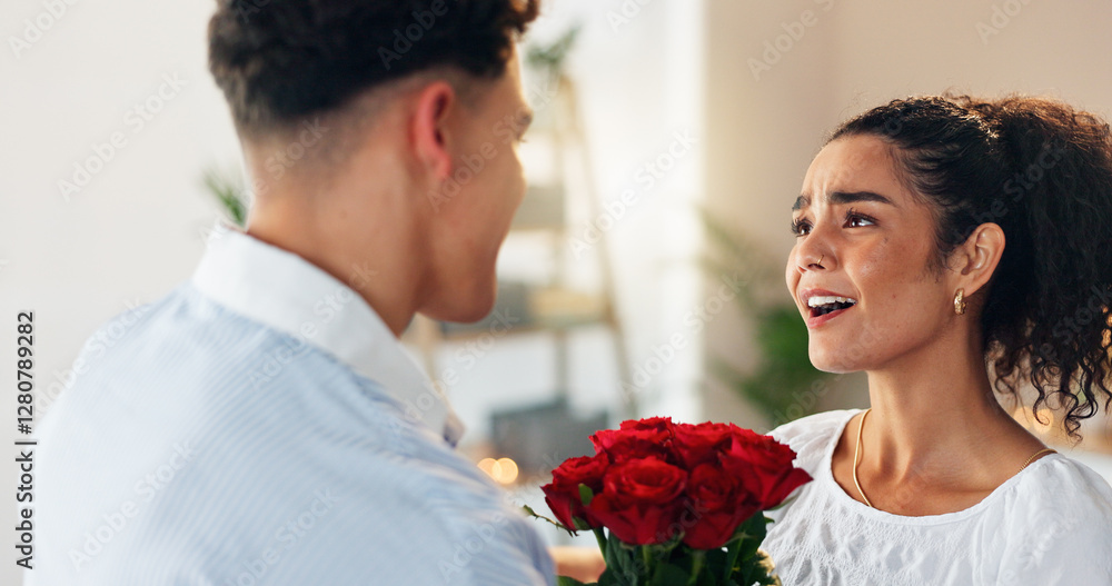 Roses, surprise or couple with gift for valentines day with love, support or gratitude in home. Giving, wow or people with bouquet of flowers for romantic present, anniversary or celebration together Roses, surprise or couple with gift for valentines day with love, support or gratitude in home. Giving, wow or people with bouquet of flowers for romantic present, anniversary or celebration together