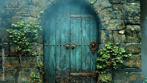 Mystical Teal Doorway in Stone Walls with Foggy Background