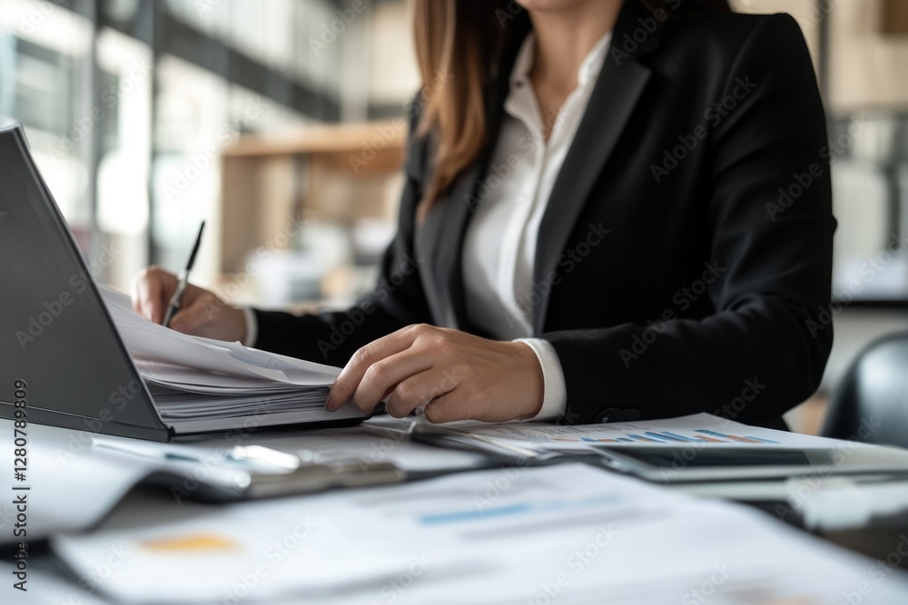 Fototapeta premium Professional Businesswoman in Tailored Suit Organizing Financial Documents at Office Desk for Strategic Meeting Preparation