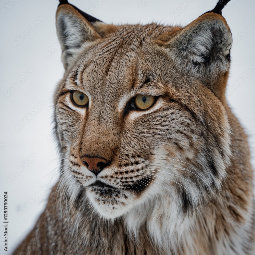 Fototapeta premium A lynx with an intense stare, ears forward, set against a pristine white background.