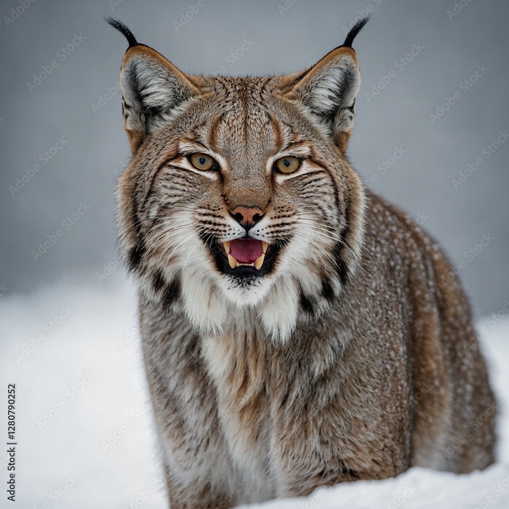Obraz premium A lynx standing with its mouth slightly open, showing its sharp teeth against a white backdrop.