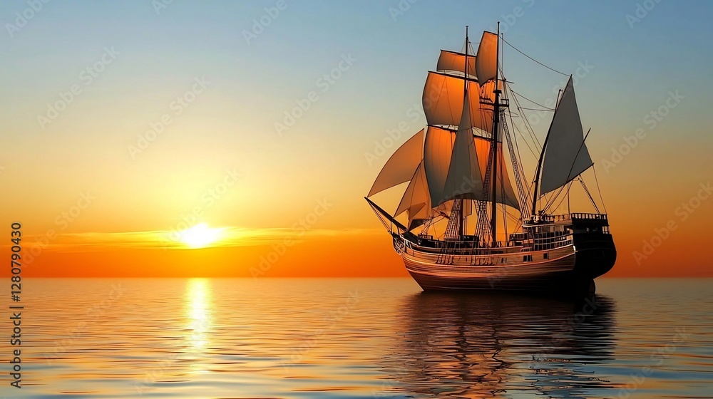 Obraz premium Sailing ship sunset ocean calm travel adventure