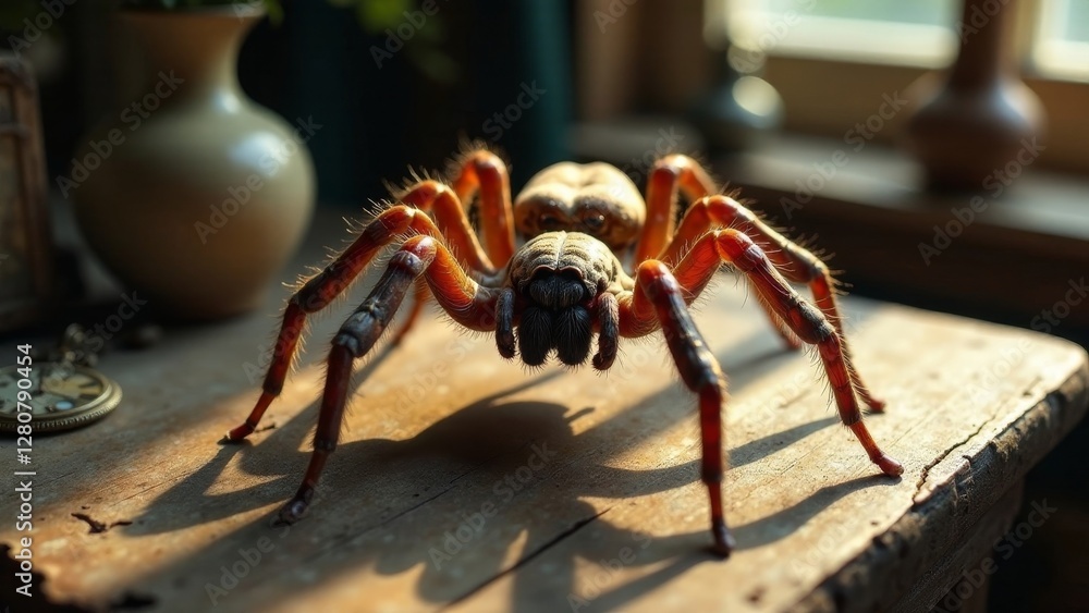 A large arachnid with reddish-brown legs stands on an aged wooden surface, bathed in sunlight, casting a shadow A large arachnid with reddish-brown legs stands on an aged wooden surface, bathed in sunlight, casting a shadow