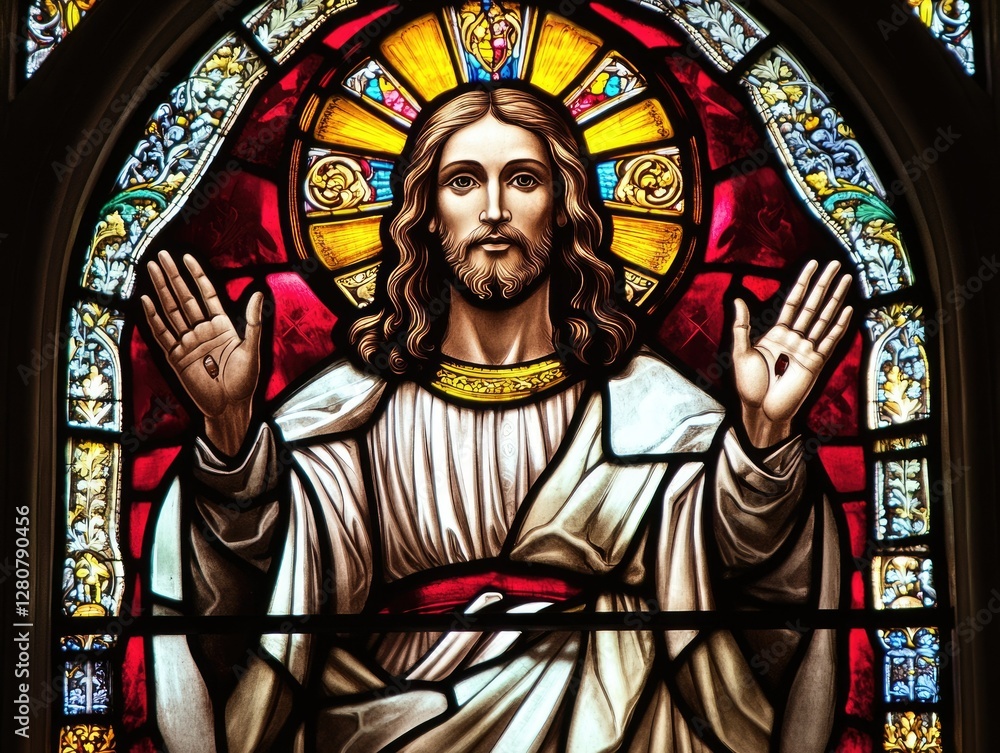 Fototapeta premium Vibrant Stained Glass Window Depicting Jesus Christ in Worship Posture, Perfect for Easter and Religious Reflection