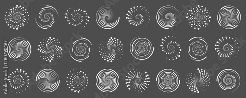 Circle dotted speed lines. Abstract round halftone circle frames, rotating dotted circle shapes. Big collection of round Logos.	