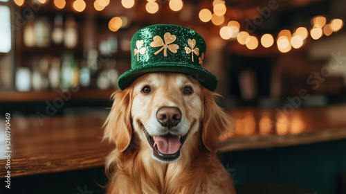 A cheerful golden retriever wearing a sparkling green hat adorned with shamrocks. The background features warm bokeh lights, creating a festive atmosphere. photo