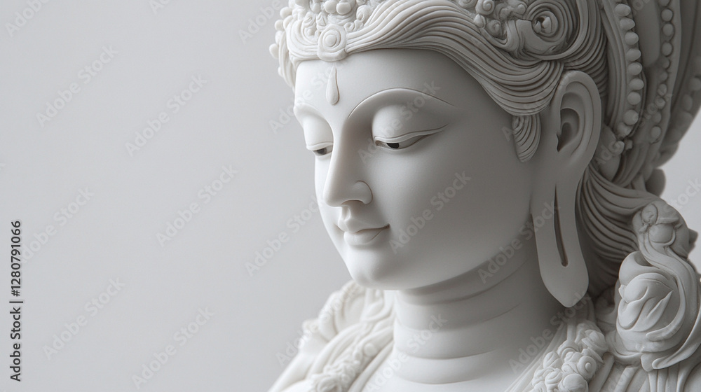 A serene white statue of a deity, featuring delicate facial details and intricate hair adornments, set against a minimalist background. A serene white statue of a deity, featuring delicate facial details and intricate hair adornments, set against a minimalist background.
