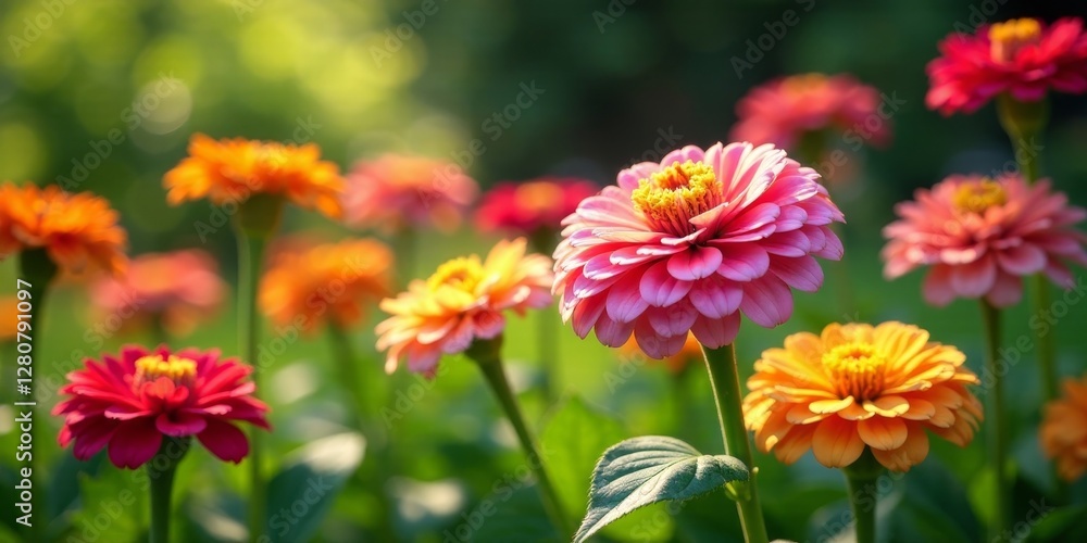 Vibrant Garden Blooms in Soft Sunlight A Close-Up View of a Lush Array of Colorful Zinnias Vibrant Garden Blooms in Soft Sunlight A Close-Up View of a Lush Array of Colorful Zinnias