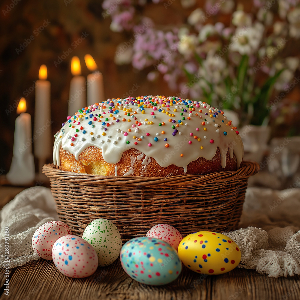 easter eggs in basket. Easter cake. Easter holiday easter eggs in basket. Easter cake. Easter holiday