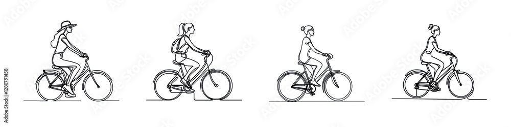 Fototapeta premium Set of image of Young woman riding a bicycle in a one-line drawing, isolated over on transparent white background