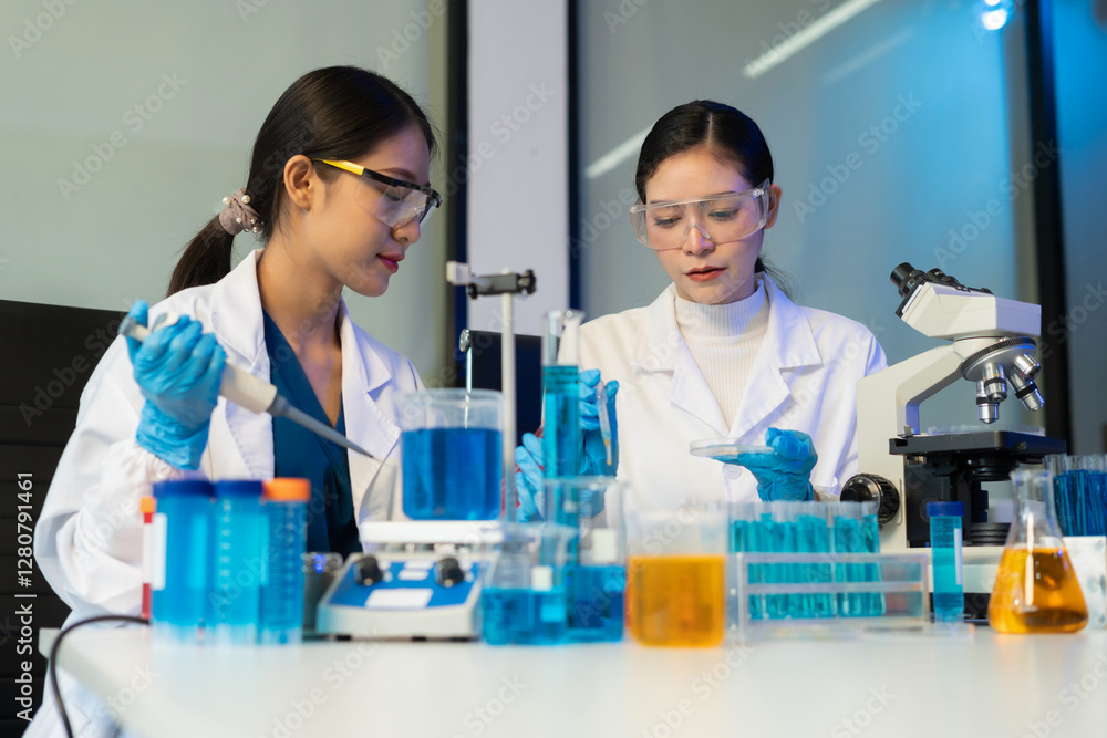 Fototapeta premium experiments containing chemical liquid in laboratory on glassware, innovative and technology.