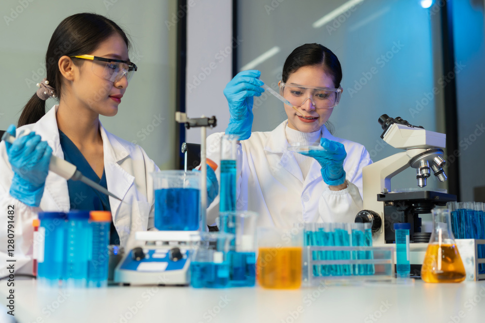 experiments containing chemical liquid in laboratory on glassware, innovative and technology. experiments containing chemical liquid in laboratory on glassware, innovative and technology.