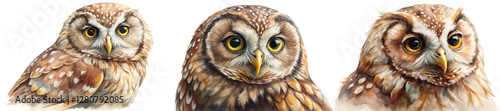 Realistic owl portraits, detailed feathers, vibrant colors, wildlife illustration, nature art, animal studies.