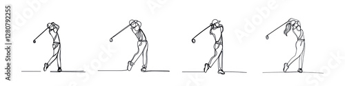 Set of image of One continuous line drawing of golf player swing action, isolated over on transparent white background