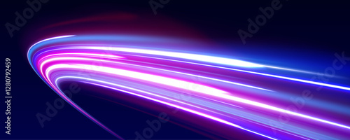 Magic shining neon light line trails. Purple glowing wave swirl, impulse cable lines. Long time exposure. Futuristic flying luminous power beam with twinkle.
