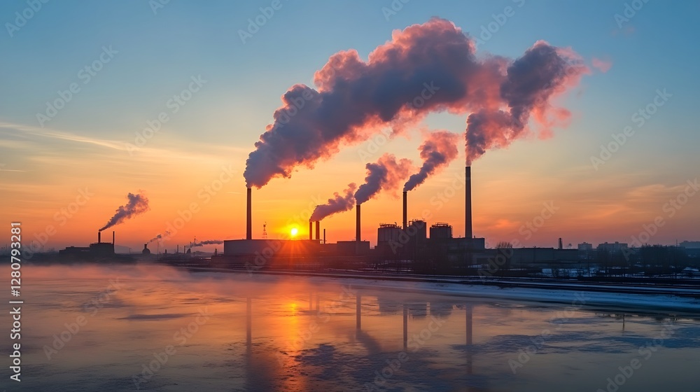 A sunset over a city with smoke coming out of the factories. The sky is orange and the smoke is dark A sunset over a city with smoke coming out of the factories. The sky is orange and the smoke is dark