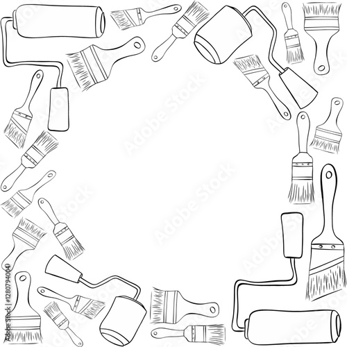 Paint roller and brush circle round frame in square for text. Vector graphic line ink illustration