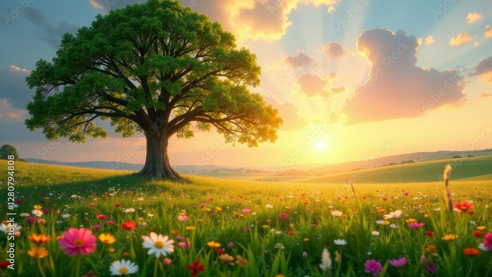 Serene Sunset Landscape Featuring a Majestic Tree in a Vibrant Wildflower Meadow Serene Sunset Landscape Featuring a Majestic Tree in a Vibrant Wildflower Meadow