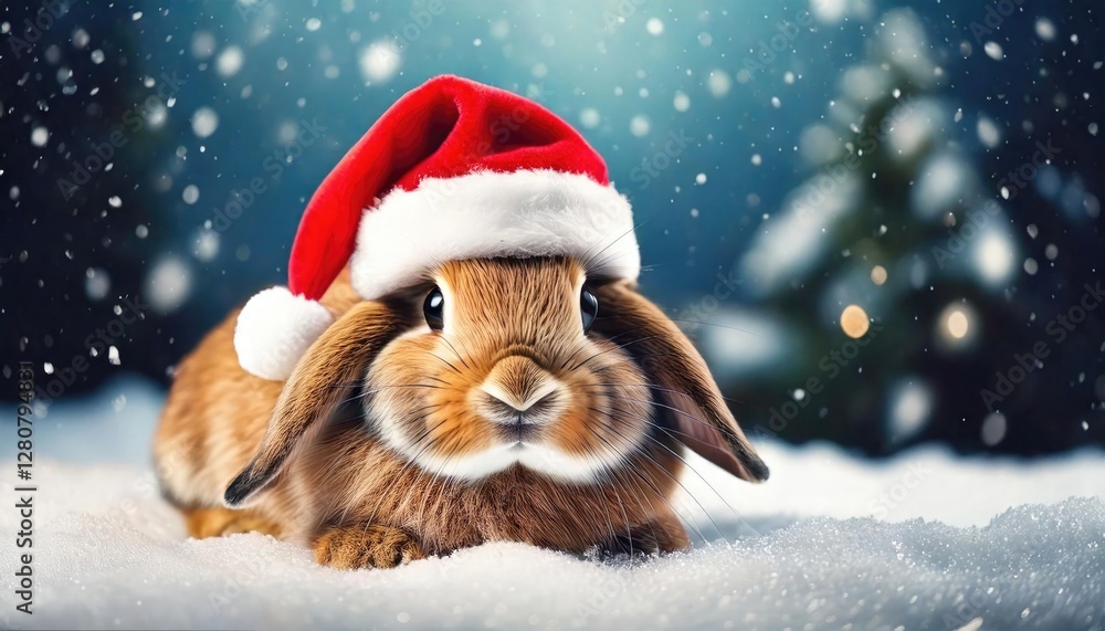 A cute brown rabbit wearing a Santa hat, lying on snow with a winter background. A cute brown rabbit wearing a Santa hat, lying on snow with a winter background.