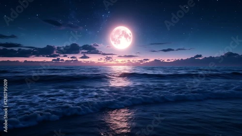 A large moon is reflected in the ocean water. The sky is dark and the water is calm