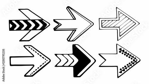 Arrows of various shapes. Simple monochrome line drawing illustration.
