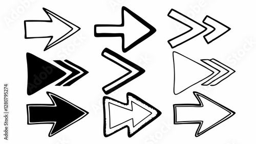 Arrows of various shapes. Simple monochrome line drawing illustration.