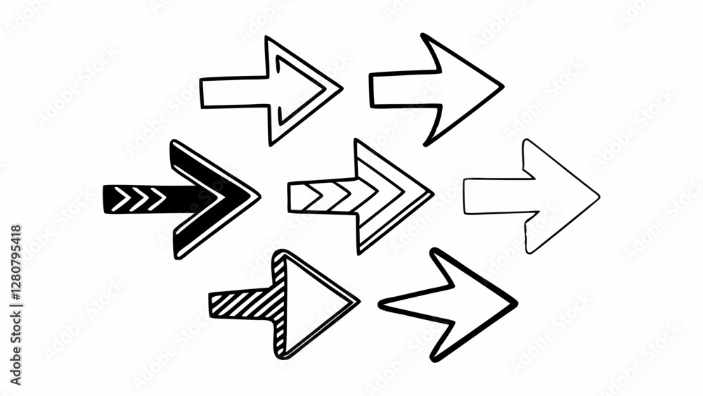 Arrows of various shapes. Simple monochrome line drawing illustration. Arrows of various shapes. Simple monochrome line drawing illustration.