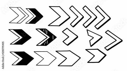 Arrows of various shapes. Simple monochrome line drawing illustration.