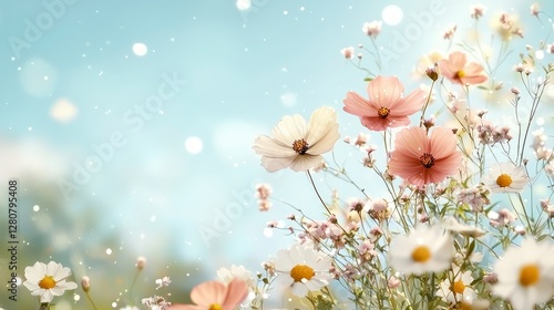 Summer Wildflowers  Blooming Meadow  Pastel Cosmos  Daisies  Floral Background
