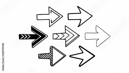 Arrows of various shapes. Simple monochrome line drawing illustration.