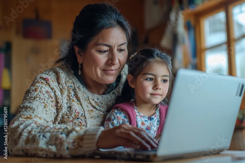Loving latin mother working on laptop and helping her daughter with study, family doing homework together, sitting at table in living room interior