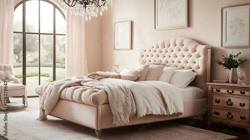 Fototapeta premium Elegant bedroom interior with tufted bed, chandelier, and garden view
