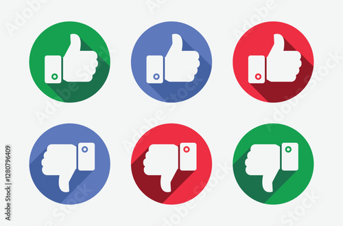 Set of thumbs up and down vector icons with shadows. Raise your thumbs like it or yes and don't like it or not.  Symbols for apps and websites. Vector illustration 