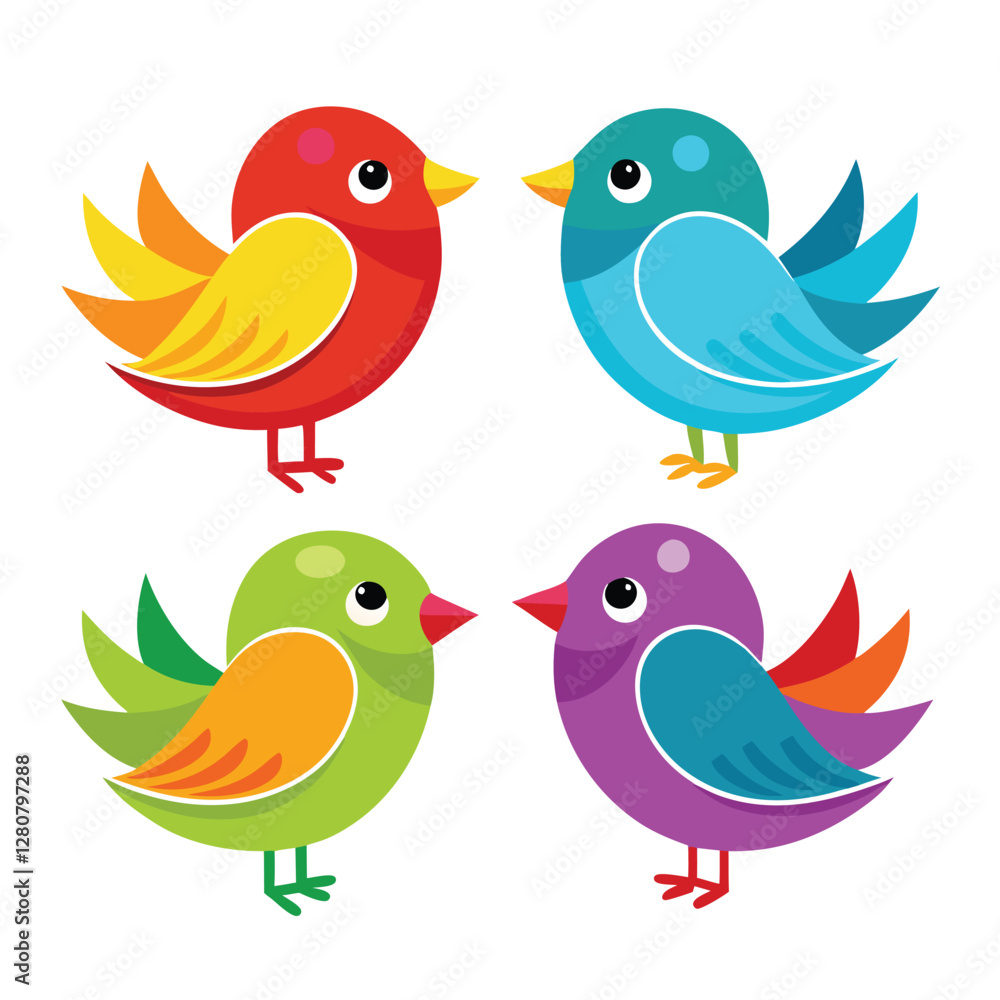 Fototapeta premium Colorful Cartoon Birds and Flowers on a Branch with a Cute Animal Theme