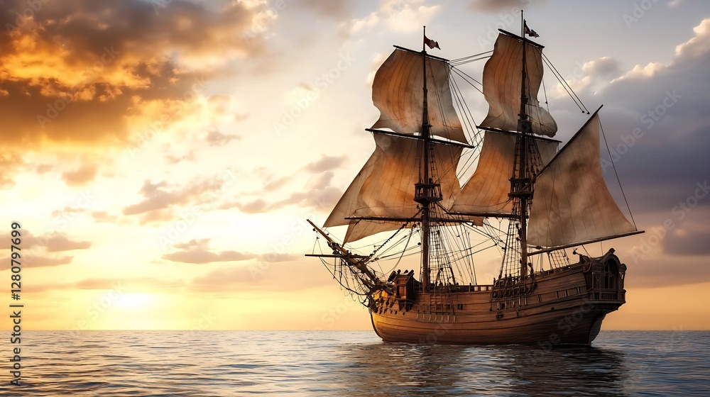 Fototapeta premium Sunset Sailboat Ocean Voyage Calm Waters
