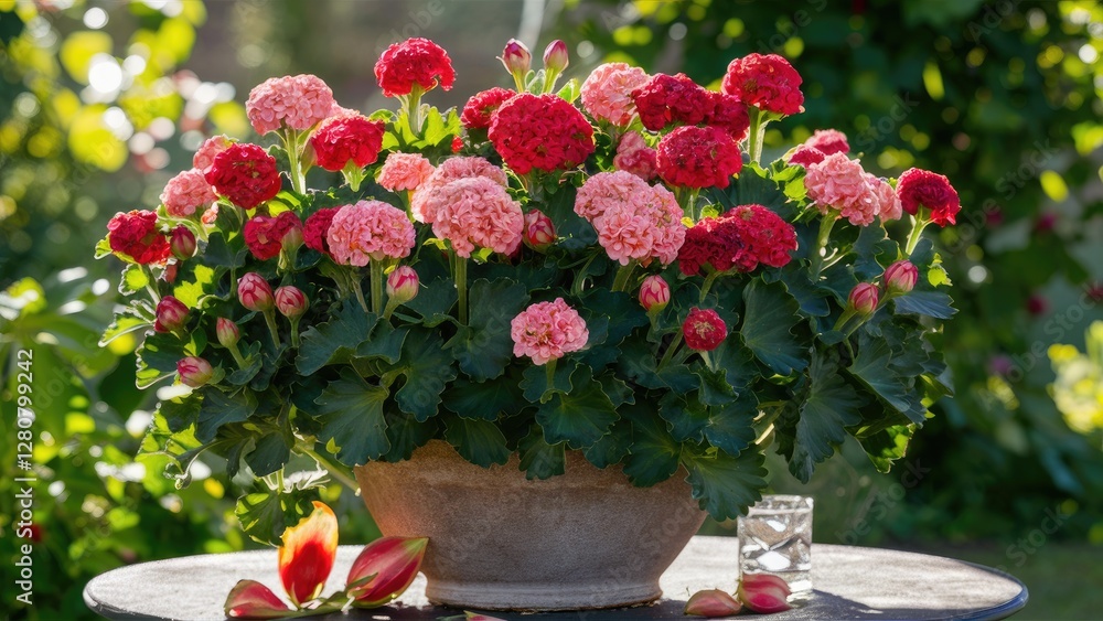 Fototapeta premium Vibrant blooming adenium flowers in a round pot showcase red and pink hues with lush green leaves against a soft outdoor backdrop.