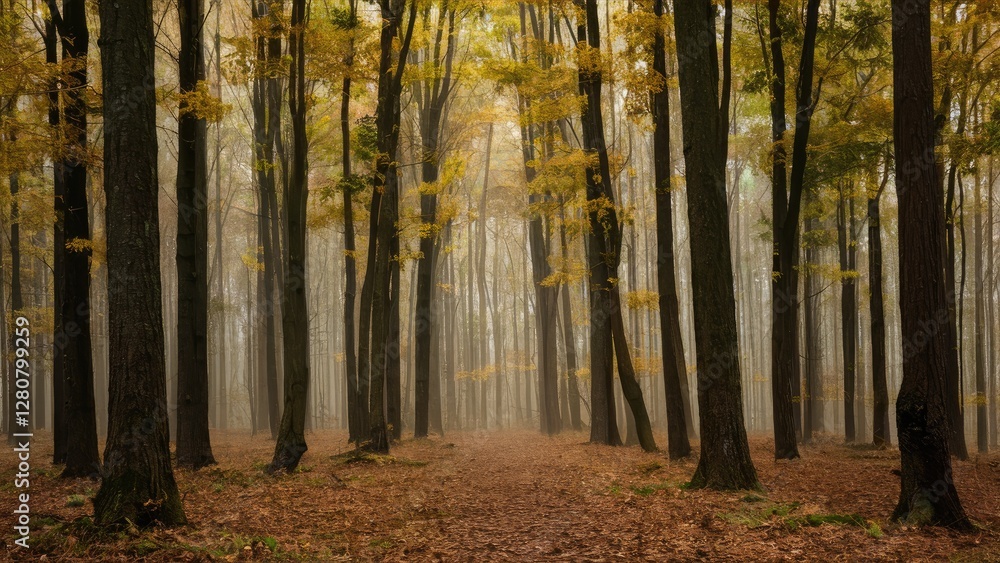 Fototapeta premium Misty autumn forest scene with tall trees showcasing golden leaves, slow shutter effects accentuating depth and tranquility on a leaf-covered path.