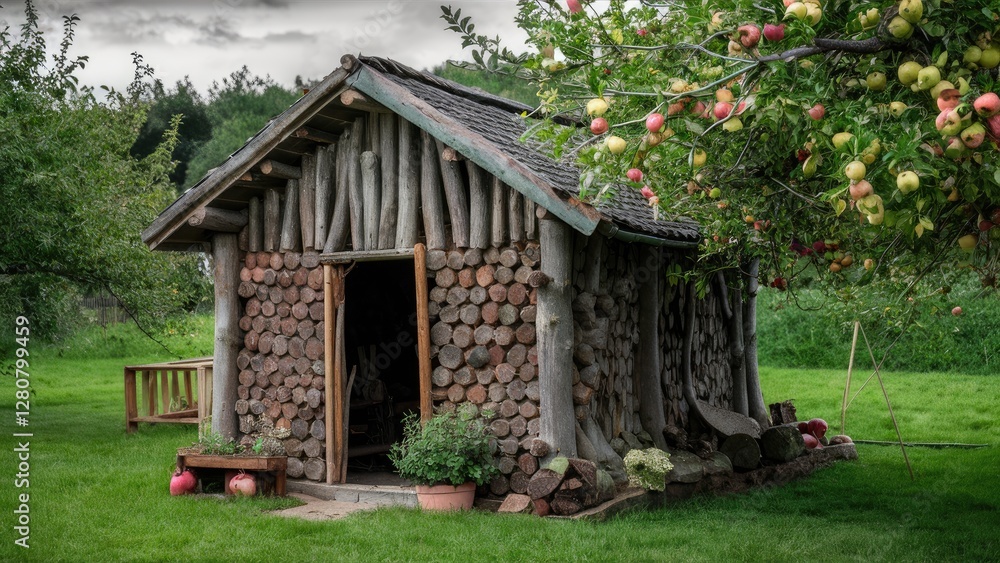 Obraz premium Rustic handmade shed in apple orchard with round pine log walls surrounded by lush green grass and apple-laden trees under a cloudy sky.