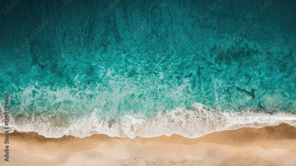 Aerial view of vibrant turquoise ocean waves crashing on a sandy beach with clear blue water and soft beige sand blending seamlessly. Aerial view of vibrant turquoise ocean waves crashing on a sandy beach with clear blue water and soft beige sand blending seamlessly.