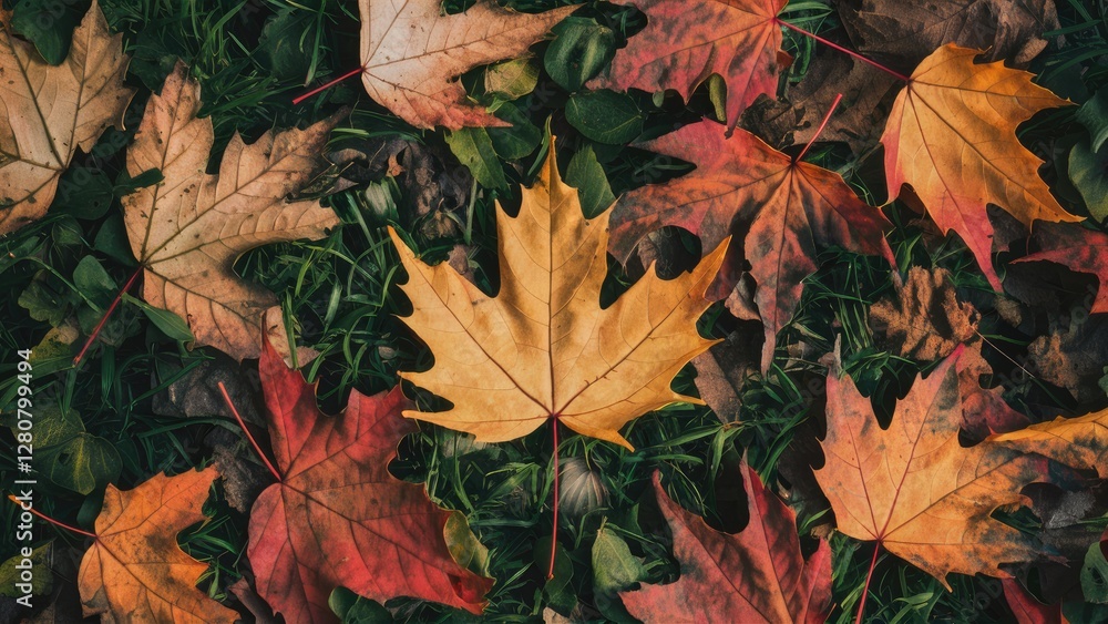 Obraz premium Vivid autumn leaves in vibrant shades of yellow, orange, and red scattered on green grass creating a rich tapestry of seasonal beauty