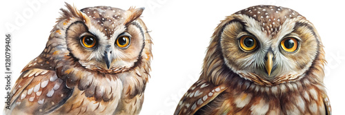 Realistic owl portraits, detailed watercolor art, vibrant colors, wildlife illustration, nature decor, animal lovers' gift.