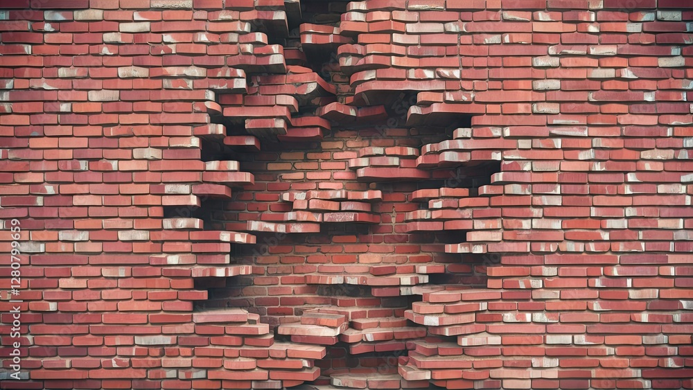 Abstract view of fragmented red brick wall with irregular patterns and textures revealing the underlying brownish layer in the center Abstract view of fragmented red brick wall with irregular patterns and textures revealing the underlying brownish layer in the center