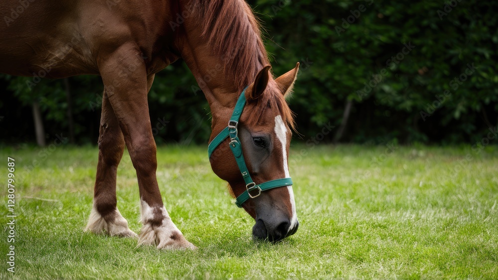Brown horse grazing on vibrant green grass, wearing a turquoise halter, with lush greenery softly blurred in the background. Brown horse grazing on vibrant green grass, wearing a turquoise halter, with lush greenery softly blurred in the background.