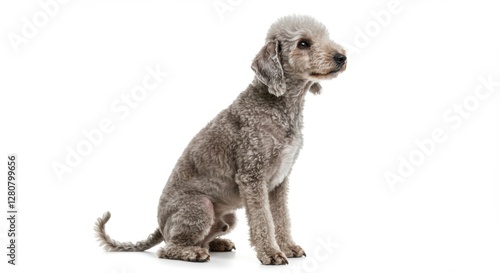 A playful gray bedlington terrier sitting gracefully against a white background, showcasing its fluffy coat