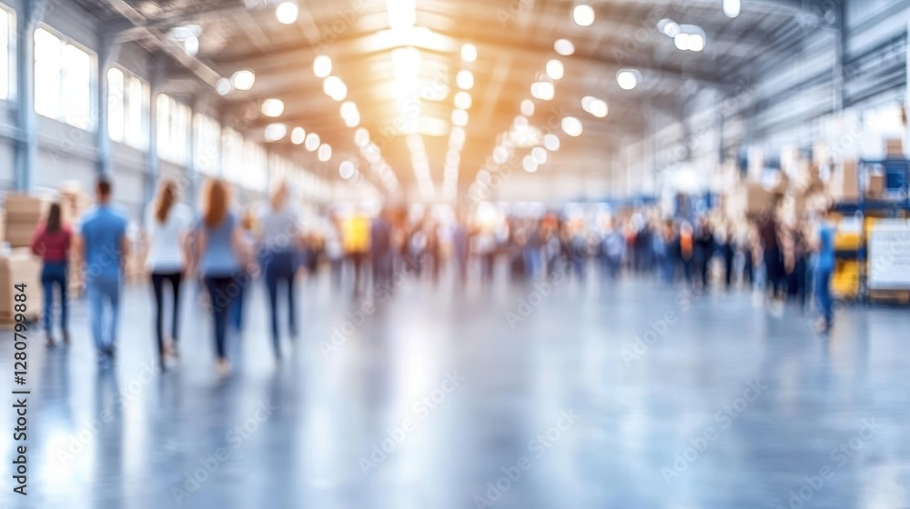 Fototapeta premium People moving in a warehouse with a slight out of focus blur. Warehouse blurred background