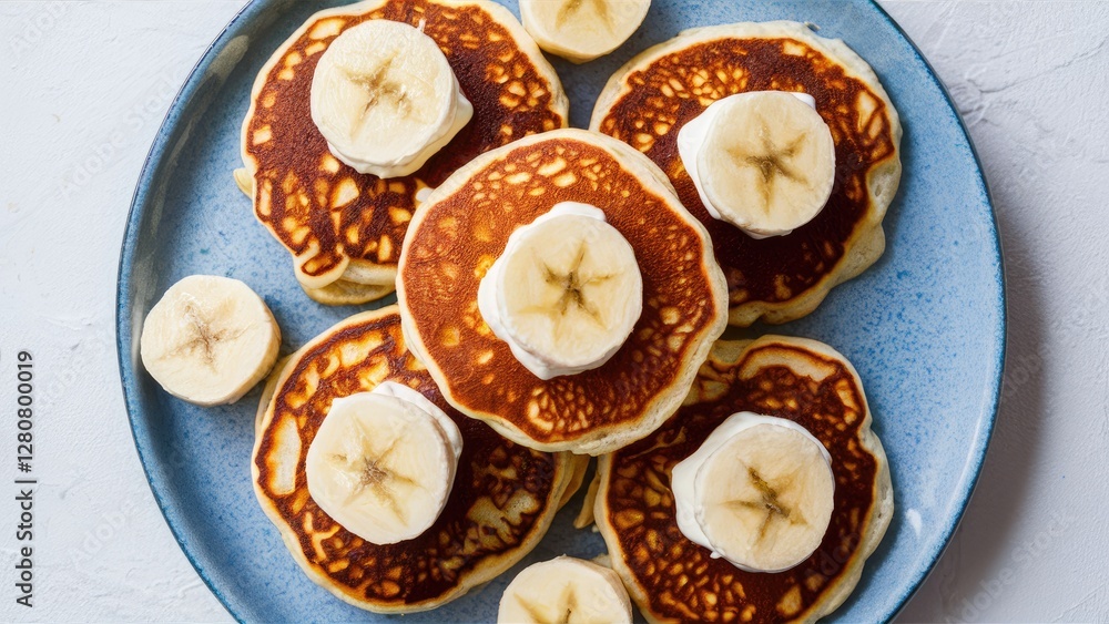 Stack of golden pancakes topped with creamy curd and fresh banana slices arranged on a blue plate against a light textured background. Stack of golden pancakes topped with creamy curd and fresh banana slices arranged on a blue plate against a light textured background.