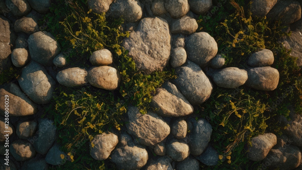 Textured stone surface with interspersed green foliage from a top-down perspective showcasing earthy tones and natural elements in close-up detail. Textured stone surface with interspersed green foliage from a top-down perspective showcasing earthy tones and natural elements in close-up detail.