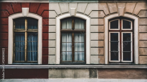 Architectural composition of three distinct windows featuring ornate frames in red  beige  and brown colors with white curtains  showcasing symmetry.